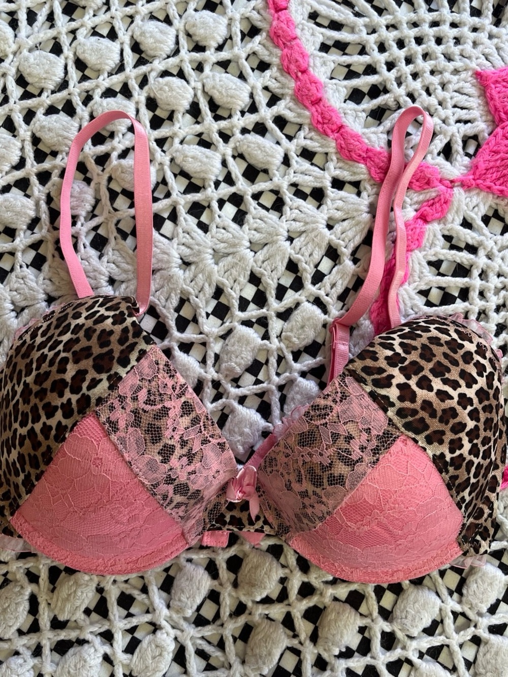 Leopard Lace Push-Up Bra in Pink